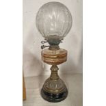 PARAFFIN LAMP WITH GLASS RESERVOIR WITH ETCHED SHADE Condition Report: glass is