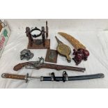 REPRODUCTION MIDDLE EASTERN GUN, DIDGERIDOO, COMPOSITE TUSK, BELLOWS ETC.