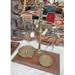AVERY BRASS AND WOOD SCALES WITH ASSOCIATED PANS AND WEIGHTS