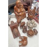 CARVED WOODEN BUDDHAS, CARVED WOOD ELEPHANTS, ELEPHANT BOOK ENDS, WHITE METAL MOULDS ETC.