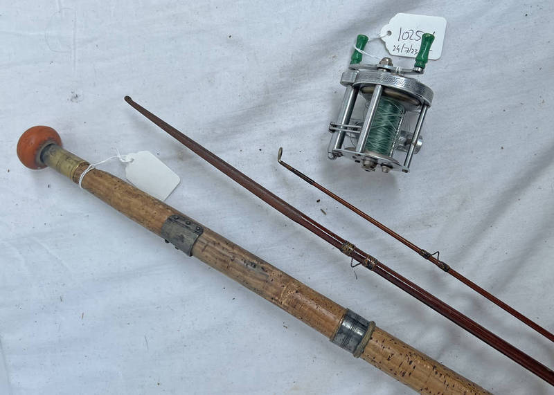 PLAYFAIR ABERDEEN 3 PIECE SPLIT CANE ROD WITH SPARE TIP IN BAG WITH A PFLUEGER AKRON MULTIPLIER