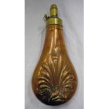 19TH CENTURY COPPER POWDER FLASK WITH PHEASANT DECORATION & BRASS NOZZLE