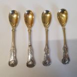 SET 4 19TH CENTURY KINGS PATTERN SCOTTISH PROVINCIAL SILVER MUSTARD SPOONS WITH GILT BOWLS BY