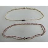 PINK & WHITE PEARL DOUBLE STRAND NECKLACE ON 9CT GOLD CLASP & A GRADUATED PEARL NECKLACE ON A