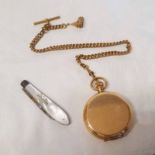 GOLD PLATED HUNTER POCKETWATCH ON WATCH CHAIN & A SILVER & MOTHER OF PEARL APPLE KNIFE