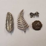 FRENCH ART DECO WHITE METAL LEAF CLIP BROOCH MARKED A F PARIS, WHITE METAL FERN BROOCH,