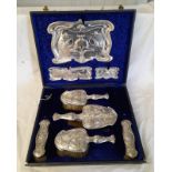 ART NOUVEAU SILVER 9 PIECE DRESSING TABLE SET DECORATED WITH EMBOSSED RIVER SCENES WITH KING