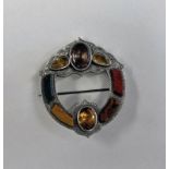 19TH CENTURY SCOTTISH SILVER AGATE & GEM SET PLAID BROOCH - 5CM WIDE