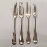2 GEORGE III FEATHER EDGED SILVER TABLE FORKS & 2 OTHER SILVER TABLE FORKS,