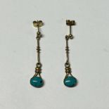 PAIR 9CT GOLD TURQUOISE SET EARDROPS - 2.