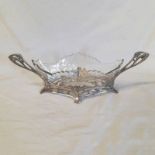 WMF ART NOUVEAU SILVER PLATED 2 HANDLED & ETCHED GLASS BOWL DECORATED WITH STYLISED FRUIT ON 4