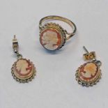 9CT GOLD CAMEO SET RING & PAIR OF MATCHING EARRINGS - 5.