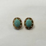 PAIR 18CT GOLD & SILVER OVAL TURQUOISE & PEARL EARCLIPS - 2.