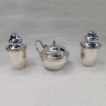 MODERN SILVER 3 PIECE CRUET SET WITH BLUE GLASS LINERS - 125