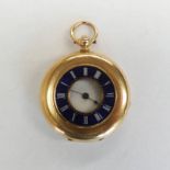 18TH GOLD HALF HUNTER FOB WATCH WITH DARK BLUE ENAMEL DECORATION - 35 G Condition Report: