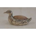 SILVER DUCK PIN CUSHION BIRMINGHAM 1906 Condition Report: Marks clear.