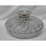 SILVER TOPPED CUT GLASS INKWELL WITH SWIRLED DECORATION,