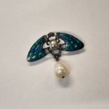 ARTS & CRAFTS SILVER & ENAMEL INSECT BROOCH WITH ABALONE CENTRE PANEL SUSPENDING A BAROQUE PEARL -