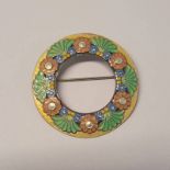 ARTS & CRAFTS SILVER & ENAMEL FLORAL DECORATED CIRCULAR BROOCH - 5.