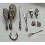 2 SILVER BACKED BRUSHES, 2 WRISTWATCHES, SILVER HANDLED BUTTON HOOK AND SHOE HORN,