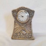 ARTS & CRAFTS SILVER & OAK MANTLE CLOCK - TIME & TIDE WAIT FOR NO MAN BY B J KEYZOR & CO.