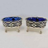 PAIR OF GEORGE III SILVER SALTS WITH BLUE GLASS LINERS ON BALL & CLAW FEET BY D & R HENNELL,