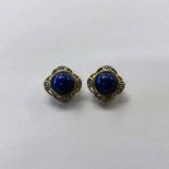 PAIR 9CT GOLD LAPIS LAZULI & DIAMOND EARCLIPS