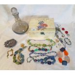 WOODEN BOX & CONTENTS OF BEAD NECKLACES, EARCLIPS, BROOCHES, & GLASS DECANTER,