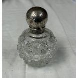 SILVER MOUNTED CUT GLASS SCENT BOTTLE WITH SCREW OFF TOP,