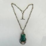 SILVER WIRE WORK PENDANT SET WITH MALACHITE & PINK QUARTZ ON CHAIN Condition Report: