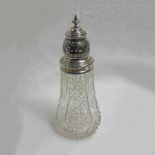 CUT GLASS SUGAR CASTER WITH SILVER PIERCED WORK TOP CHESTER 1910