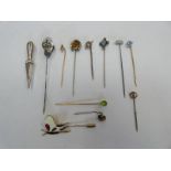 9CT GOLD PEARL SET TIE PIN, SILVER AGATE SET TIE PIN, VARIOUS OTHERS,