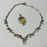 PAULA BOLTON : 925 SILVER PEARL & GARNET NECKLACE - 43 CM LONG & 925 SILVER GEM SET MASK PENDANT.