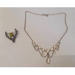 MOONSTONE NEGLIGEE PENDANT NECKLACE & SILVER STAGS HEAD BROOCH