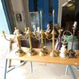 PAIR OF BRASS 2-BRANCH TABLE LAMPS & 1 OTHER SIMILAR PAIR,