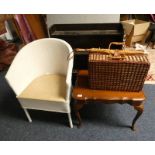 WICKER PICNIC BASKET, MAHOGANY TABLE ON QUEEN ANNE SUPPORTS,