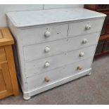 19TH CENTURY PAINTED PINE CHEST OF 2 SHORT OVER 3 LONG DRAWERS ON BUN FEET,