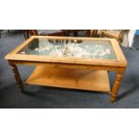 PINE CENTRE DISPLAY TABLE WITH LIFT-UP TOP ON TURNED SUPPORTS,