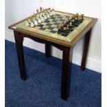 MAHOGANY GAMES TABLE WITH BRASS BORDER & HARDSTONE INSET TOP,