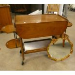 MAHOGANY TROLLEY WITH 2 DROP FLAPS & FOLDING CAKE STAND ENDS & GILT FRAMED MIRROR