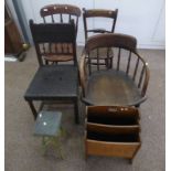 19TH CENTURY STYLE OAK CHAIR WITH EMBOSSED PANEL BACK AND SEAT ON REEDED SUPPORTS,