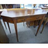 LATE 19TH CENTURY INLAID MAHOGANY TEA TABLE WITH FLIP TOP ON SQUARE TAPERED SUPPORTS.