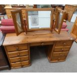 PINE DRESSING TABLE WITH 3 PART MIRROR & 9 DRAWERS 141CM LONG