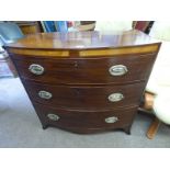 19TH CENTURY INLAID MAHOGANY BOW FRONT CHEST OF 3 DRAWERS ON BRACKET SUPPORTS 88 CM TALL X 89 CM