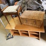 PINE COFFEE TABLE, MAHOGANY PIANO STOOL,