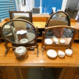 4 MAHOGANY DRESSING TABLE MIRRORS, OAK & SILVER PLATE BISCUIT BARREL,