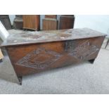 18TH/19TH CENTURY CARVED OAK COFFER 48 CM TALL X 109 CM LONG