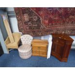 PINE 2 DRAWER BEDSIDE CHEST, WICKER CHAIR ETC.