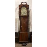 19TH CENTURY MAHOGANY LONG CASE CLOCK WITH PAINTED DIAL SIGNED THO RUSSELL,