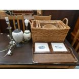 SELECTION OF WICKER BASKETS IN VARIOUS SIZES, LAURA ASHLEY TABLE LAMP & 2 OTHERS. ETC.